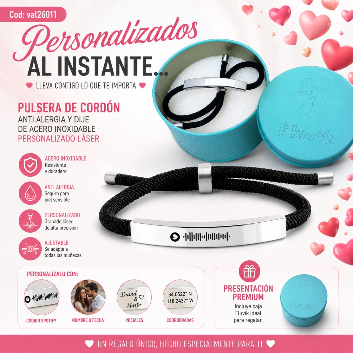 Pulsera de Cordón con Dije de Acero Personalizado con Láser