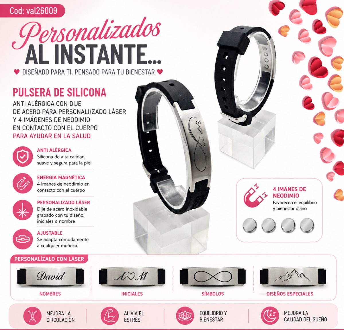 Pulsera de Silicona Antialérgica con Dije de Acero Personalizable y Neodimio
