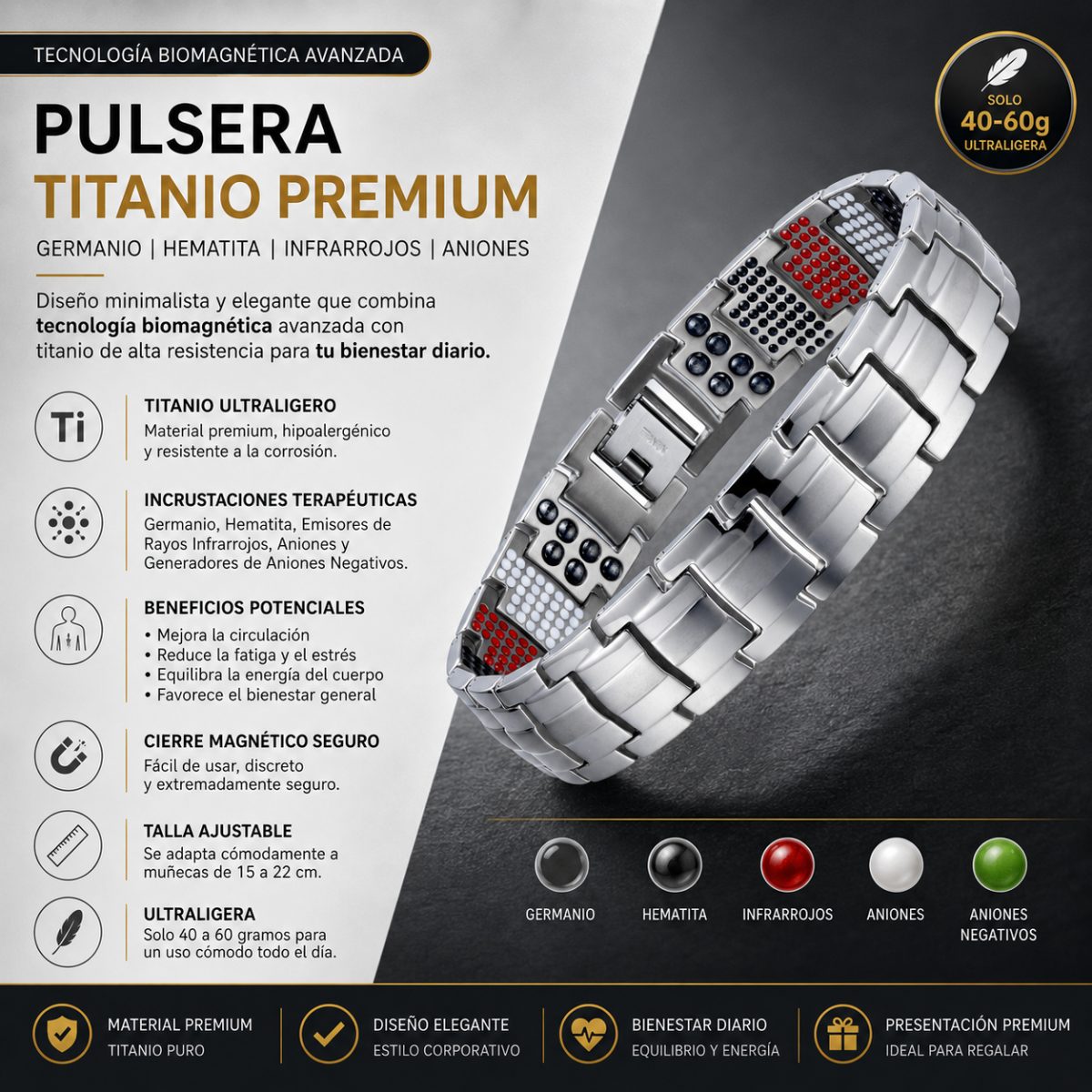 TitanExec Silver VitalBrace – Pulsera Ejecutiva de Titanio con Tecnología Biomagnética
